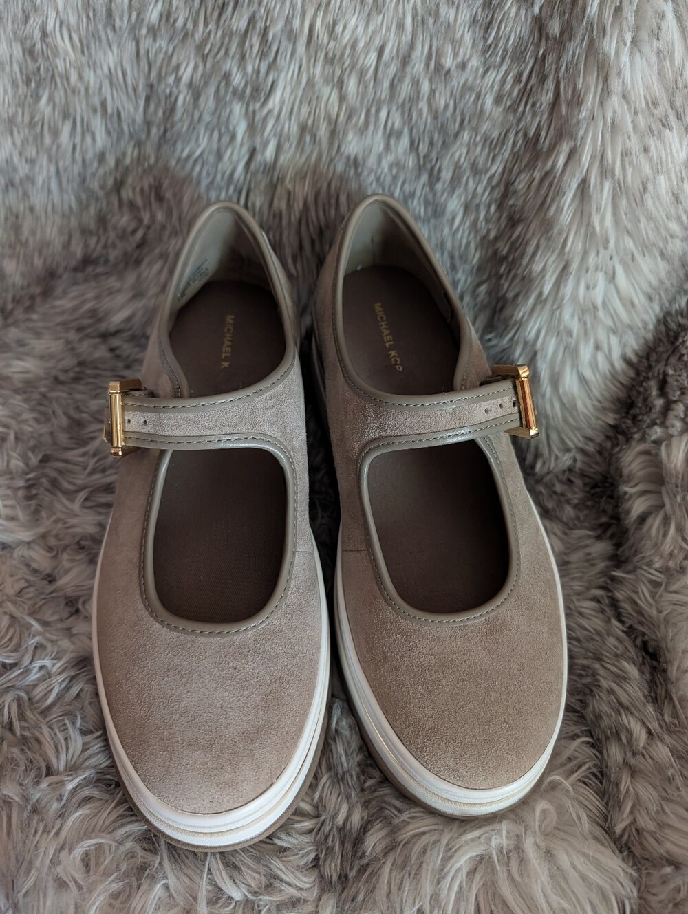 Michael Kors Taupe Suede Mary Jane Flats with Gold Buckle